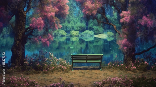 Fototapeta samoprzylepna ławka nad jeziorem w stylu artystycznym, obraz wygenerowany przez AI