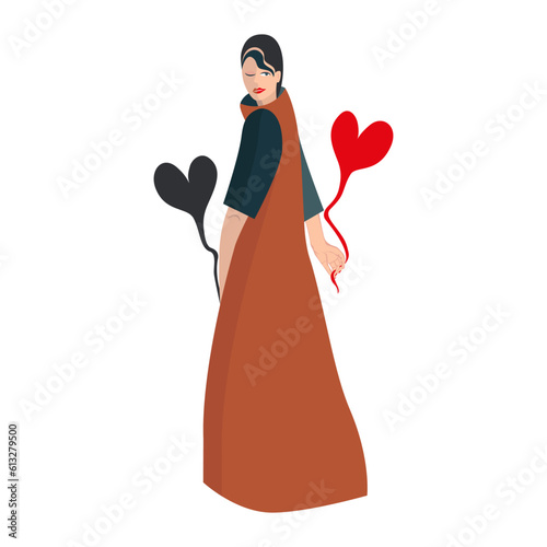 Girl and two hearts. The girl holds a red heart in one hand and a black heart in the other.
