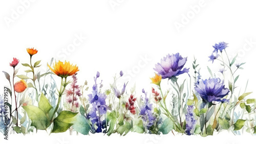 Watercolor border wildflowers floral illustration: summer flower, blossom, poppies, chamomile, dandelions, cornflowers, lavender, violet, bluebell, clover, buttercup, butterfly. Generative AI © Александра Низенко