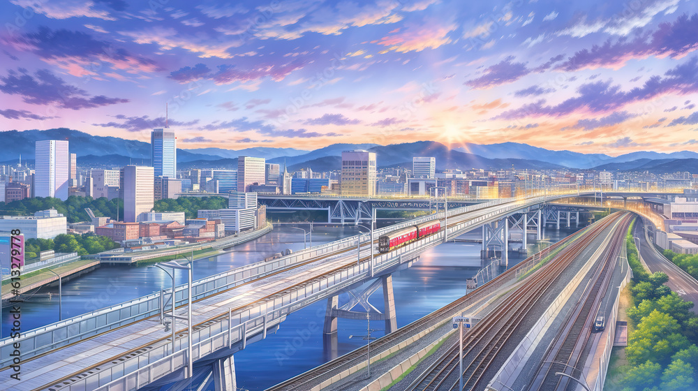 a big modern landscape anime illustration of a big city with a train, ai generated image