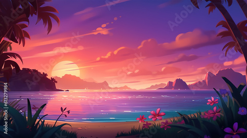 beautiful hawaiian inspired sunset wallpaper artwork, ai generated image