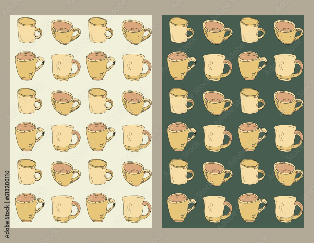 Cups seamless patterns set. Hand drawn sketch design, doodle cartoon style. Gold yellow color palette. Light or dark backround. Vector Cups seamless patterns set. Hand drawn sketch design, doodle cartoon style. Gold yellow color palette. Light or dark backround. Vector
