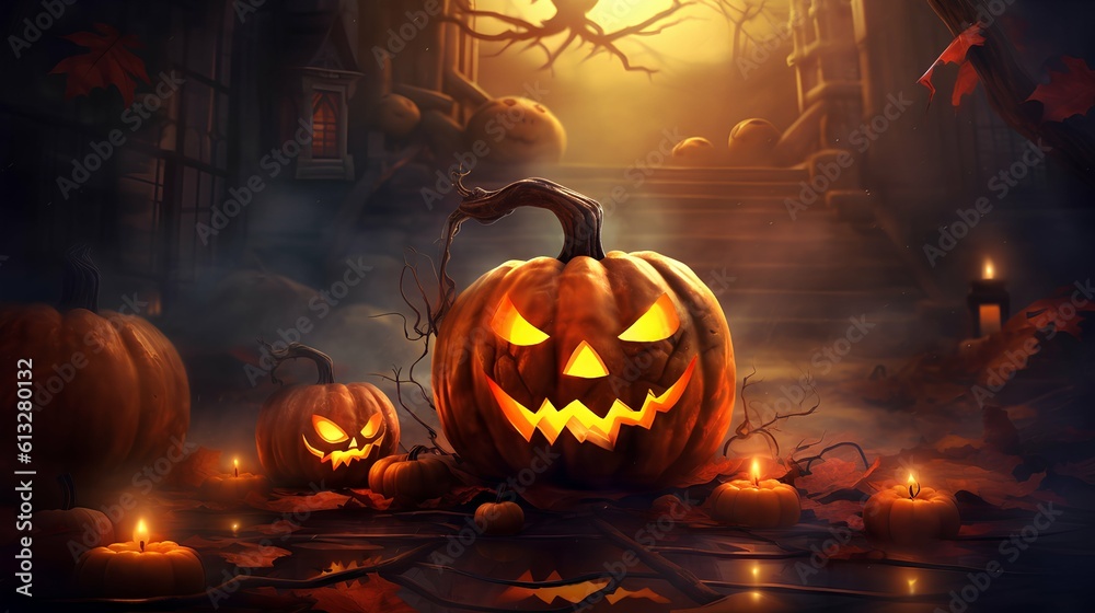 Halloween creepy dark background with pumpkins in the center. Generative AI. Halloween creepy dark background with pumpkins in the center. Generative AI.