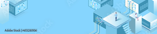 abstract blue background,isometric illustration of server and people