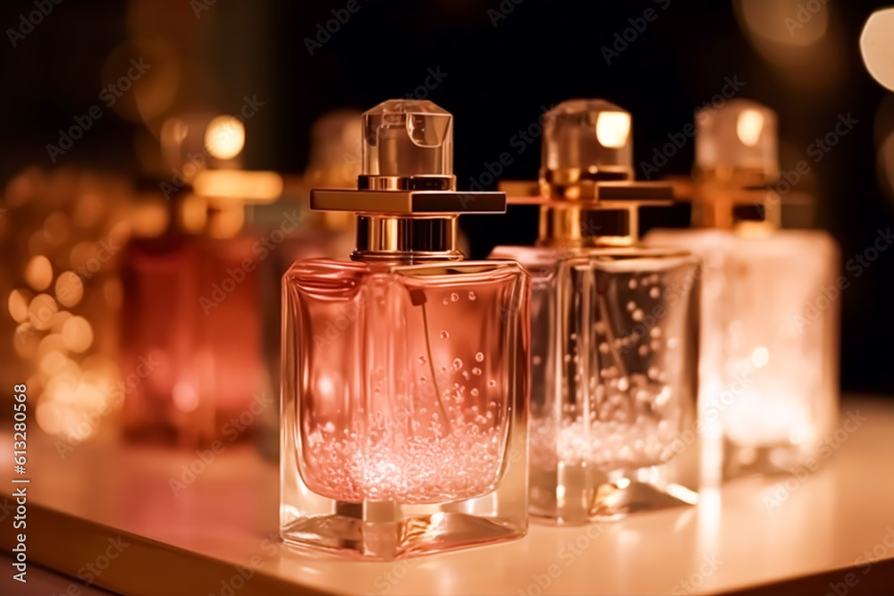 Luxury fragrance bottles at perfume scent at presentation event, bespoke perfumery and beauty product sale, generative ai Luxury fragrance bottles at perfume scent at presentation event, bespoke perfumery and beauty product sale, generative ai