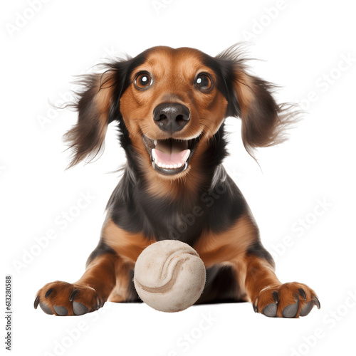 Happy dachshund dog playing with a ball isolated on background. Generative AI.