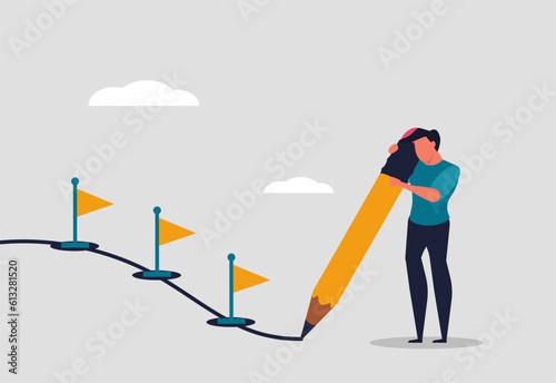 Project progress and workflow at work. A man completes tasks step by step. Track all stages of work and the path to success at work. A man with a pencil draw a path. Vector illustration