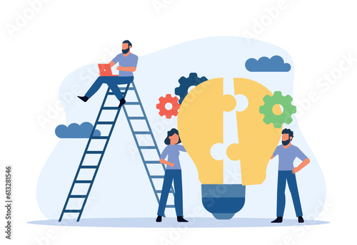 Business teamwork building lightbulb puzzle vector work illustration concept. Person businessman cooperation together jigsaw piece. Man and woman group unity fit part shape. Job support partner design