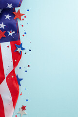 Labor Day in USA concept. Above view vertical photo of empty space with white, blue and red star-shaped sparkles and american flag on light blue isolated background with copy-space