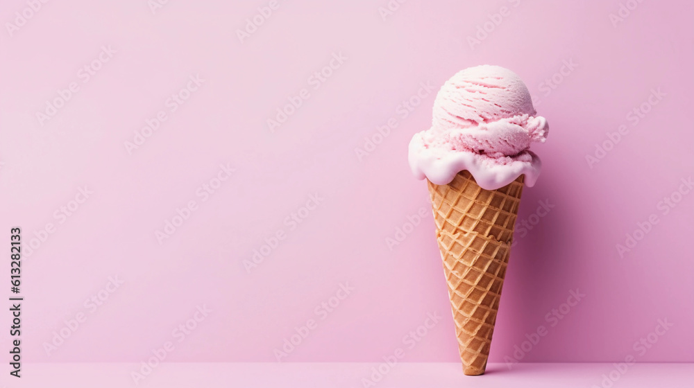 Waffle cone with delicious ice cream, isolated on pastel pink background with copyspace, Generative AI. Waffle cone with delicious ice cream, isolated on pastel pink background with copyspace, Generative AI.