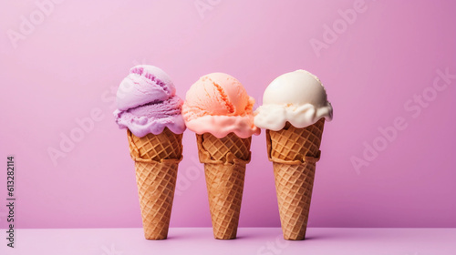 Waffle cones with delicious ice cream, isolated on purple background with copyspace, Generative AI.