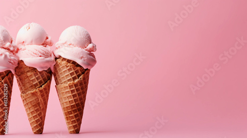 Waffle cones with delicious ice cream, isolated on pink background with copyspace, Generative AI.