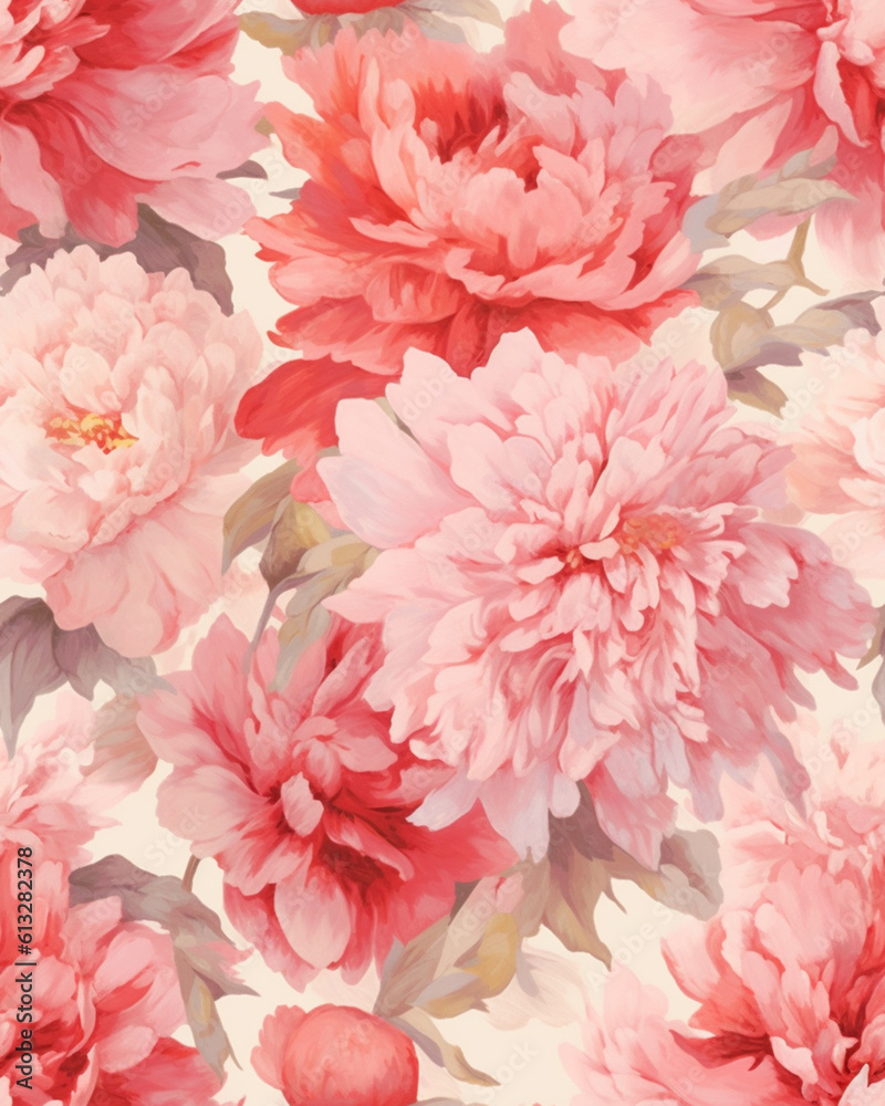 Hand drawing wallpaper tileable pattern of peonies created with Generative AI technology Hand drawing wallpaper tileable pattern of peonies created with Generative AI technology