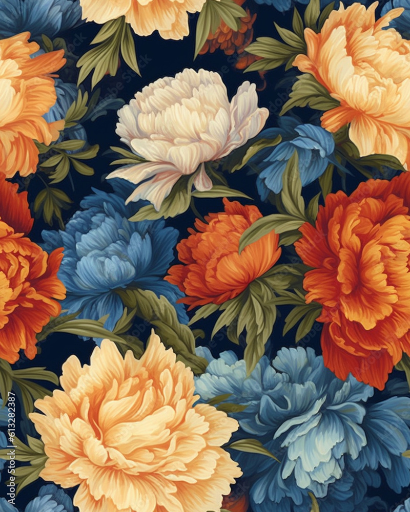 Hand drawing wallpaper tileable pattern of peonies created with Generative AI technology Hand drawing wallpaper tileable pattern of peonies created with Generative AI technology