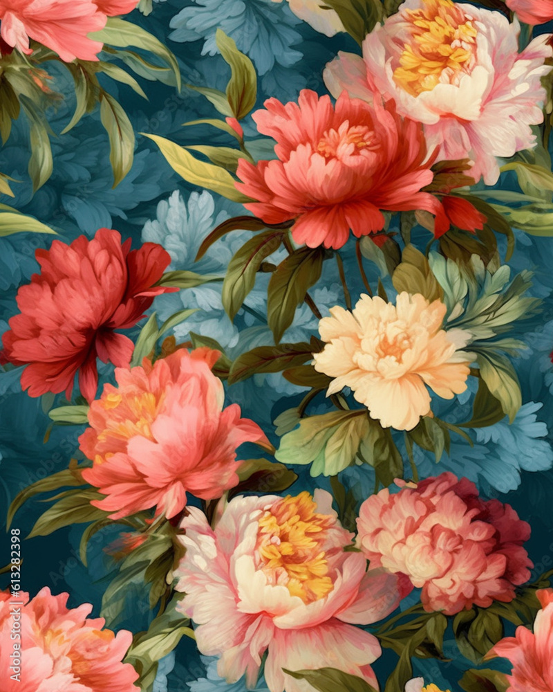Wallpaper tileable pattern of peonies created with Generative AI technology Wallpaper tileable pattern of peonies created with Generative AI technology