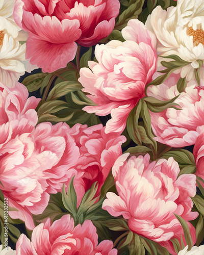 Hand drawing wallpaper tileable pattern of peonies created with Generative AI technology