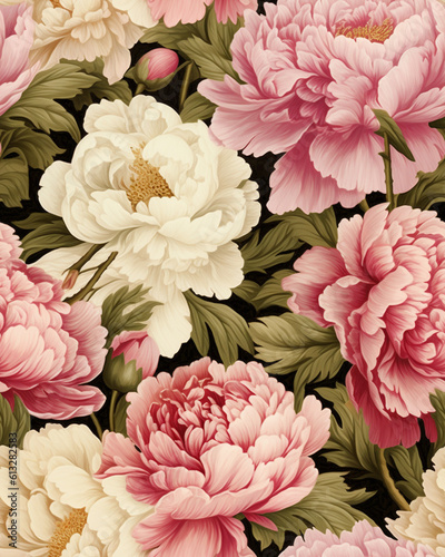Hand drawing wallpaper tileable pattern of peonies created with Generative AI technology © Oksana