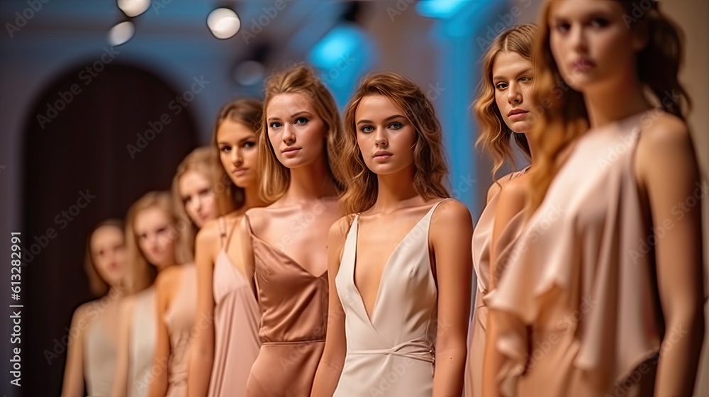 High fashion show with beautiful young female models in fine satin lingerie. Generative AI High fashion show with beautiful young female models in fine satin lingerie. Generative AI
