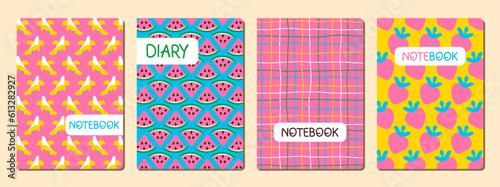 Set of cover templates for notebook with fruit and grid patterns. Hand drawn doodle banana, watermelon, strawberry, colorful lines. Vector illustration