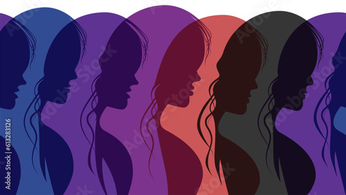 Horizontal seamless background with profiles of female heads.