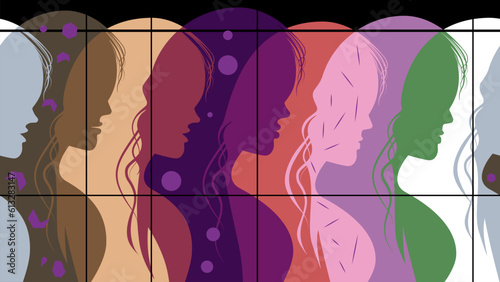 Horizontal seamless background with profiles of female heads.