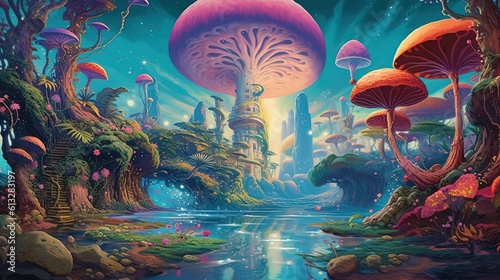 Surreal fantasy world . Fantasy concept , Illustration painting. Generative Ai