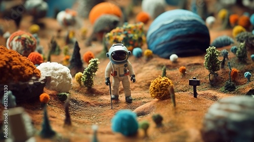 Generative AI, Space adventure illustration made of wool. Cosmic planet craft landscape with astronaut. photo