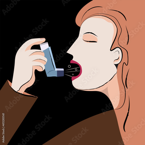 The girl sprays into her mouth with a spray. Treatment of bronchial asthma.