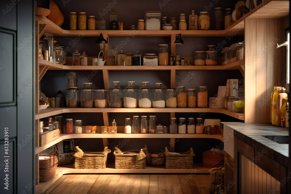 interior pantry with various condiments in wooden shelves