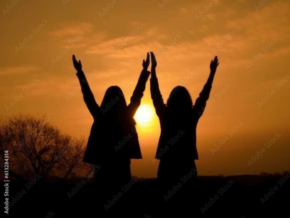 Silhouette of two friends with their hands raised on their heads against a sunset. Silhouette of two friends with their hands raised on their heads against a sunset.