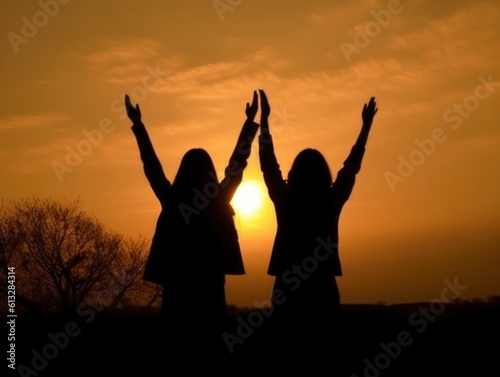 Silhouette of two friends with their hands raised on their heads against a sunset.
