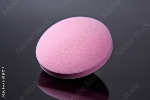 Pink cosmetic face sponge on a dark glass background. Generated by AI.