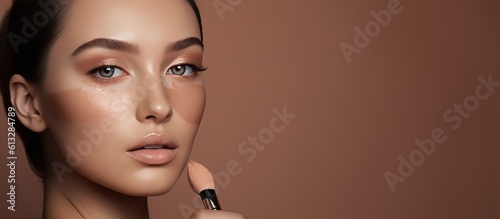 Banner with the face of a young, attractive girl with foundation applied.   AI-generated.