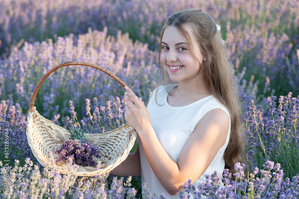 Portrait of a glad young girl with long hair in a lavender field. Girl ...