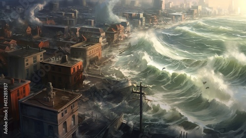 A hurricane approaching a seaside town . Fantasy concept , Illustration painting. Generative Ai