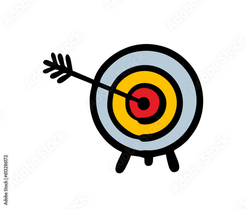 Round target in a shooting gallery with a protruding arrow fired from a bow. Vector illustration of a shooting competition, the winner got to the center.