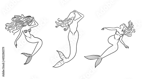 Mermaid drawings, black and white line vector illustration set for summer prints, tattoo, apparel design