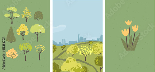 Summer in the city posters set, different trees, park for picnic. Growing tulip flowers. Simple vector flat outdoor illustrations