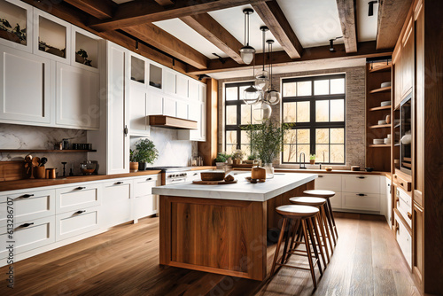 a beautiful white kitchen with wooden beams
