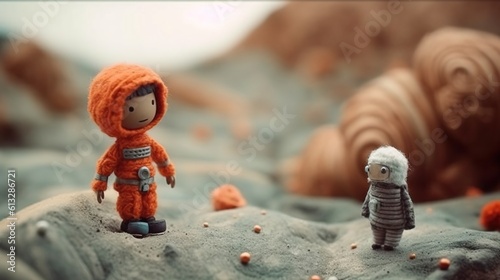 Generative AI, Space adventure illustration made of wool. Cosmic planet craft landscape with astronaut. photo