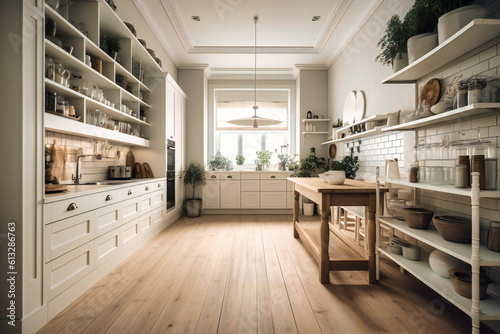 a white kitchen with wooden floor and shelves for pantry