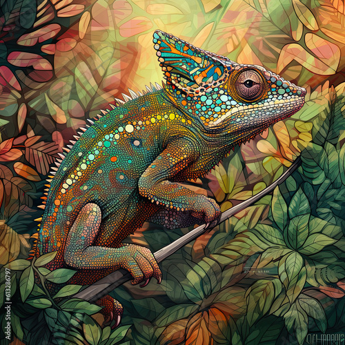 Chameleon Camouflaged in Lush Jungle Setting created by Generative AI