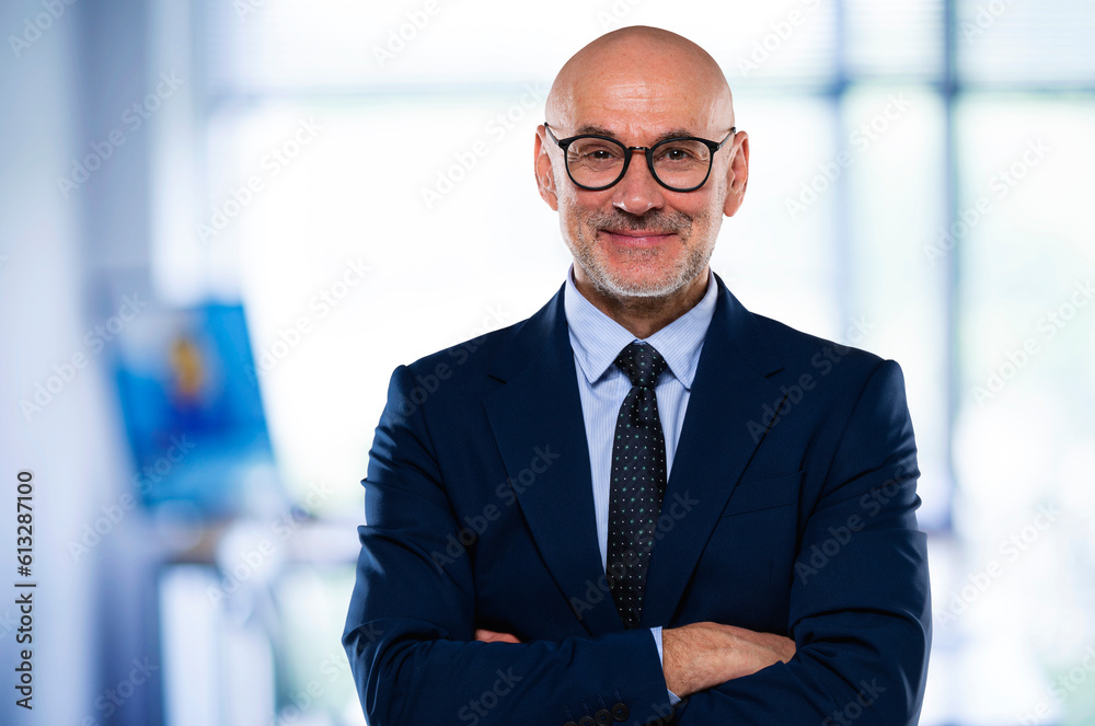 Portrait of mid aged businessman wearing suit and tie while standing at the office Portrait of mid aged businessman wearing suit and tie while standing at the office