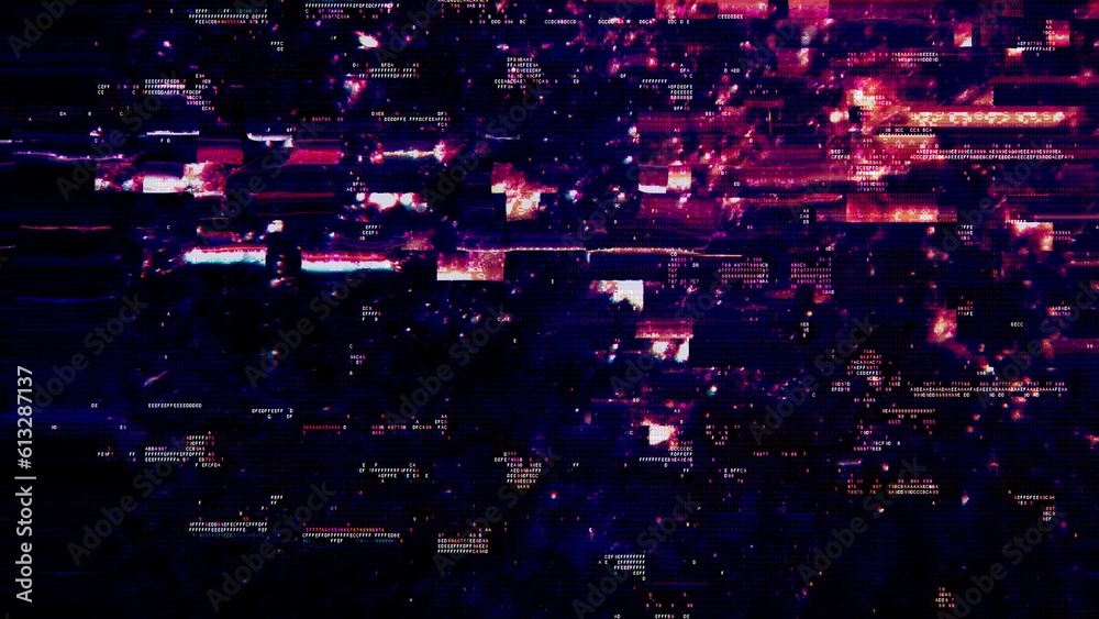 Purple pink abstract psychedelic digital cyberspace glitch code. Concept banner background as crypto currency, NFT, video gaming overlay with cryptography hex code for live stream announcements. Purple pink abstract psychedelic digital cyberspace glitch code. Concept banner background as crypto currency, NFT, video gaming overlay with cryptography hex code for live stream announcements.