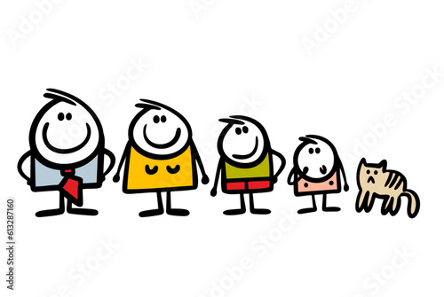 Family photo of relatives of adults and children Vector illustration of mom, dad, son, daughter and baby with a cat.