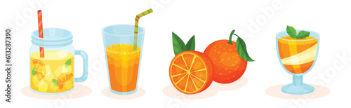 Orange Food with Juice Glass, Lemonade Jar and Pudding Vector Set