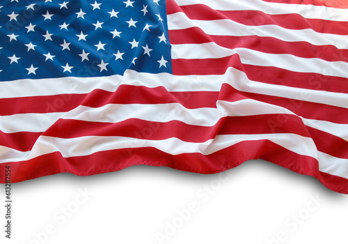 Closeup of American flag on white background