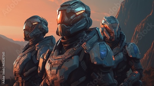 A group of space knights on a quest to retrieve a powerful artifact . Fantasy concept , Illustration painting. Generative Ai