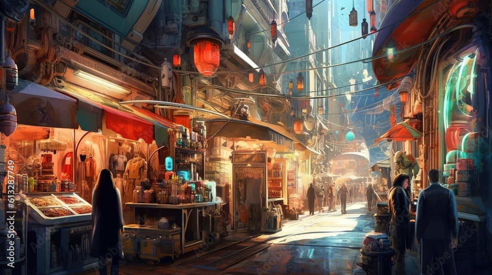 A group of human and alien traders doing business in a bustling sci-fi marketplace . Fantasy concept , Illustration painting. Generative Ai