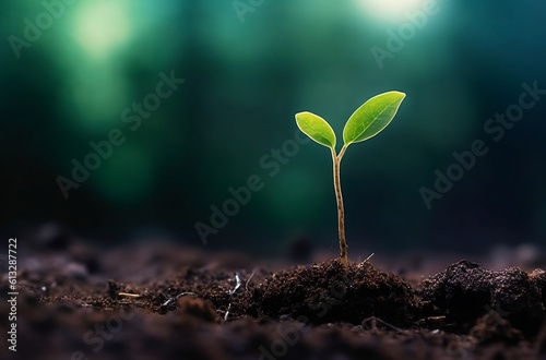 young plant standing in soil over green background